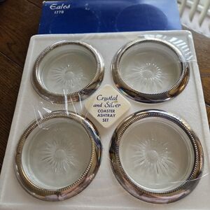Vintage 1960s Eales 1779 Italy Sunburst Design Crystal/Silver Plate Coaster Set